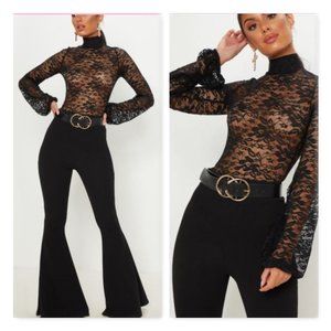 High Neck Flare Sleeve Open Back Lace Bodysuit